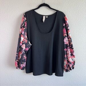 Anthropologie | Dolan Women’s Floral Puff Sleeve Scoop Neck Blouse Black
